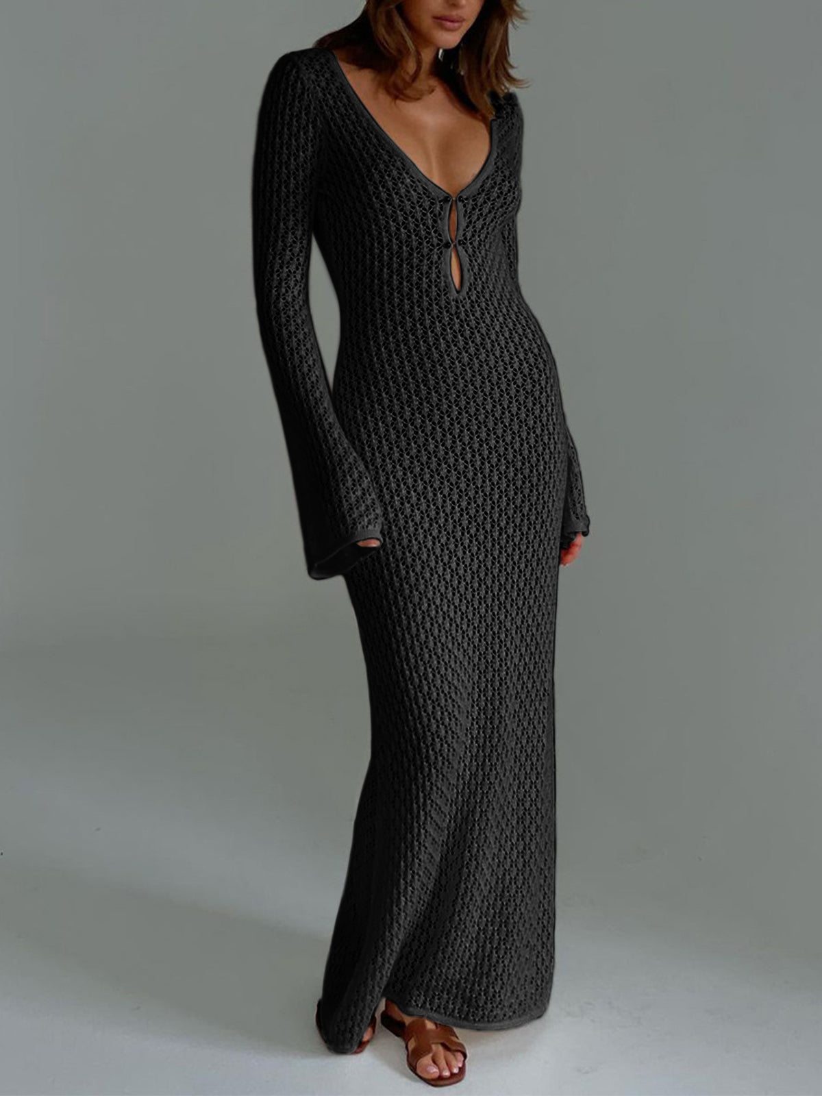 Robe Longue À Manches Longues Avec Dos Ouvert En Maille Maxi Pour Vacances Et Détente