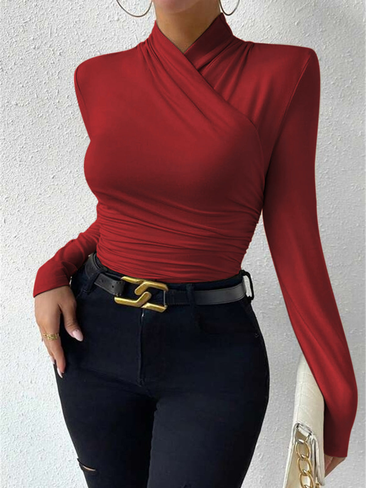 T Shirt Plissé Col Croisé Cintré Élégant En Jersey Pour Loisirs Et Travail Femme