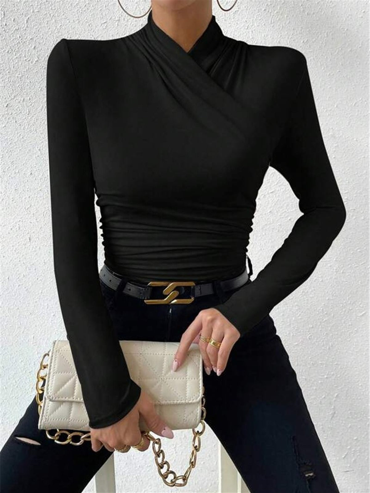 T Shirt Plissé Col Croisé Cintré Élégant En Jersey Pour Loisirs Et Travail Femme