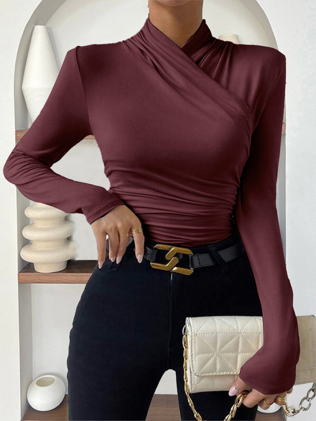 T Shirt Plissé Col Croisé Cintré Élégant En Jersey Pour Loisirs Et Travail Femme