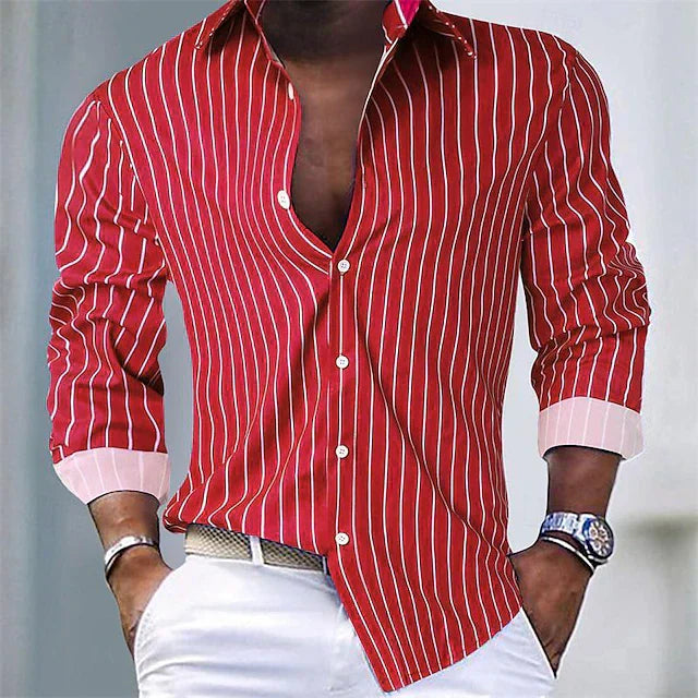 Chemise Homme À Rayures Slim Fit Amawinc Col Classique Boutons Frontaux Poignets Contrastés Pour Bureau Et Loisirs