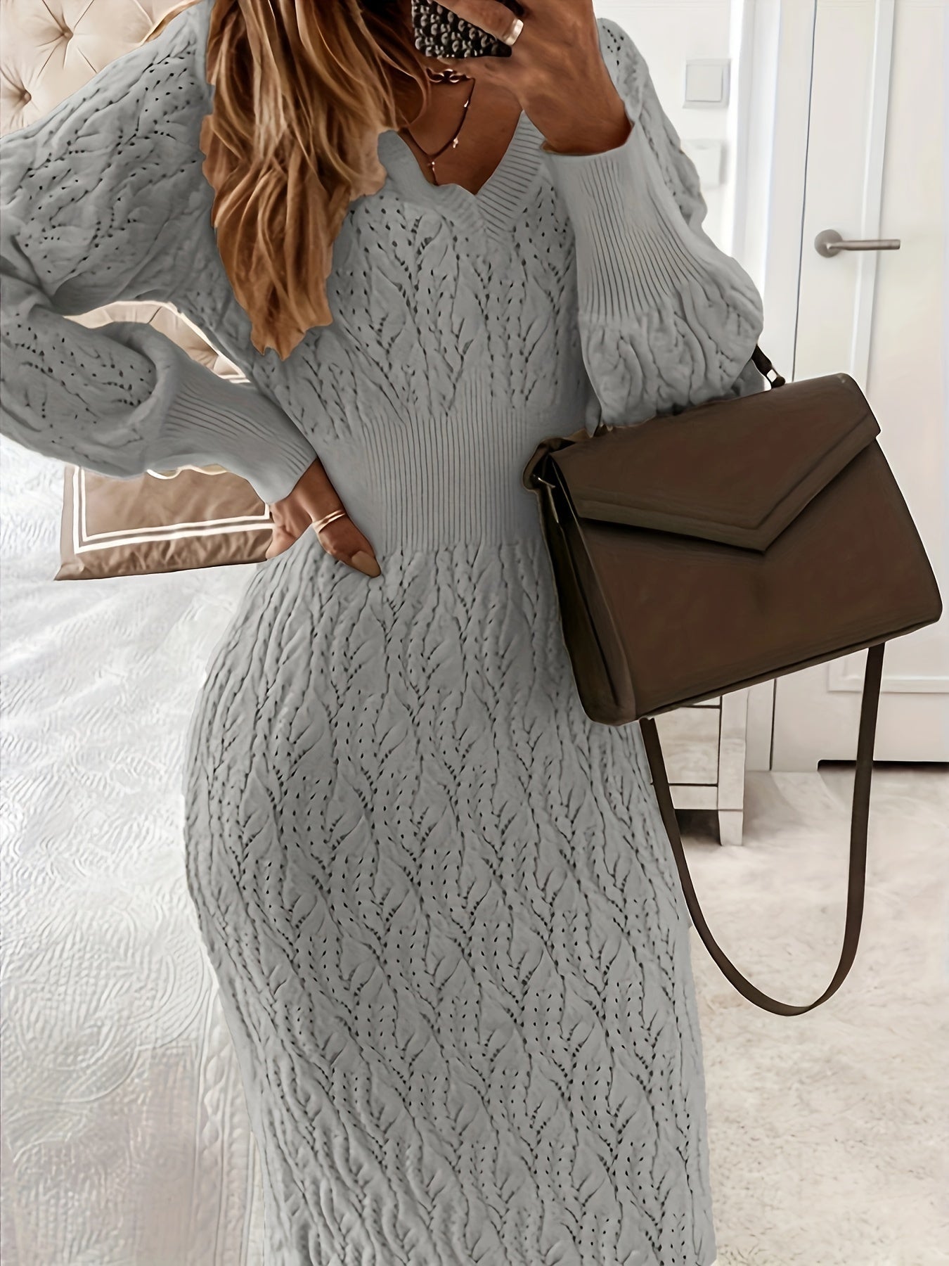 Robe En Maille Femme Col V Manches Longues Coupe Ajustée Côtelée Élégante Confortable Polyvalente