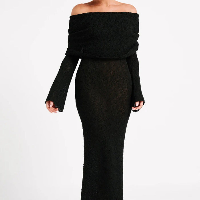 Fudus Langarm-Strickkleid im französischen Stil, einseitig, für Party und Strand geeignet