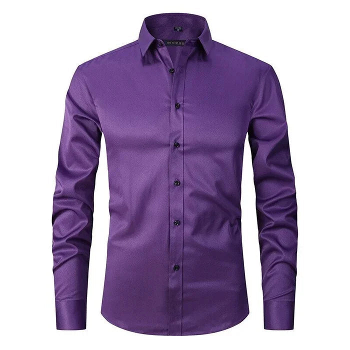 Chemise Homme Slim Fit Respirante En Tissu Élastique Sans Repassage Bouton Blanc Pour Le Bureau