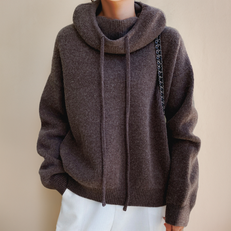 Pull Femme En Maille Oversize Col Haut Avec Cordon Manches Longues Douces Et Chaleureuses