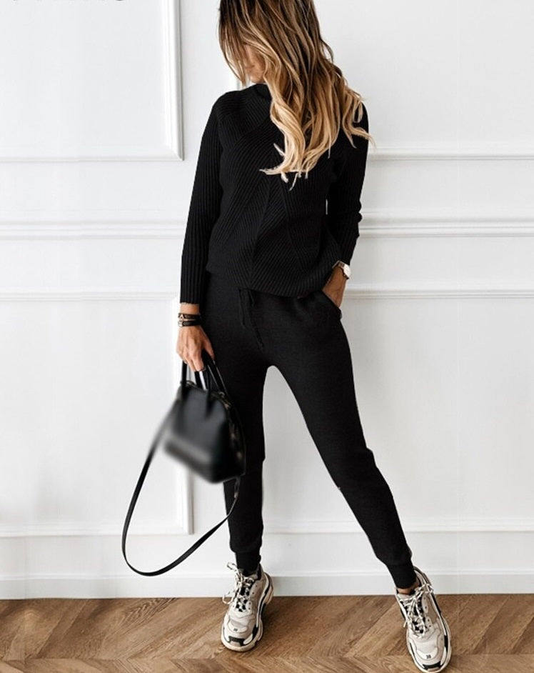 Ensemble De Jogging Femme Deux Pièces Maille Côtelée Coupe Décontractée Col Roulé Taille À Cordon