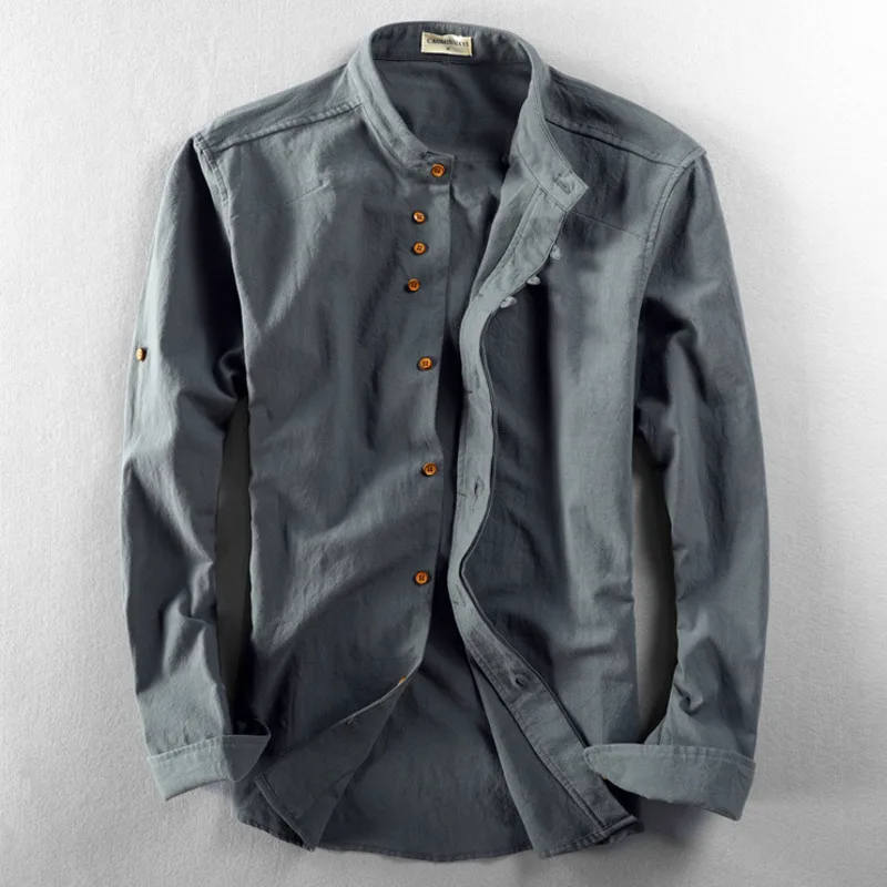 Chemise Homme En Lin Slim Fit Col Mandarin Boutons Front Manches Longues Longueur Hanche Pour Tenue Décontractée