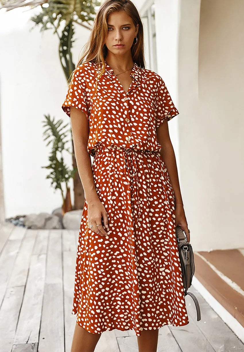 Damen-Midikleid mit Raffungen, V-Ausschnitt und Gürtel
