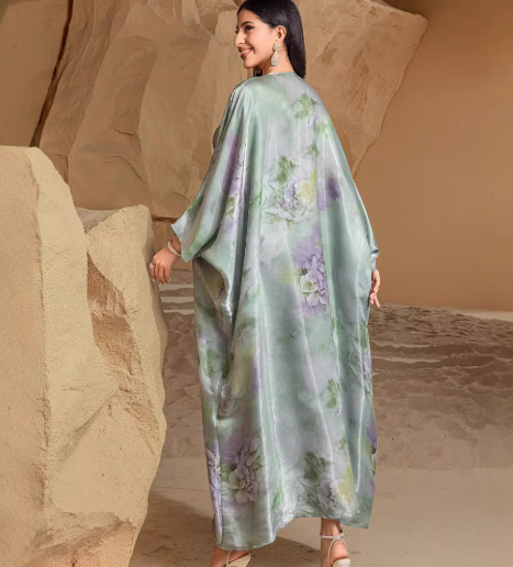 Robe D'Été Élégante Imprimé Fruits Verts Amawinc Manches Chauve-Souris pour Vacances et Fêtes en Plein Soleil
