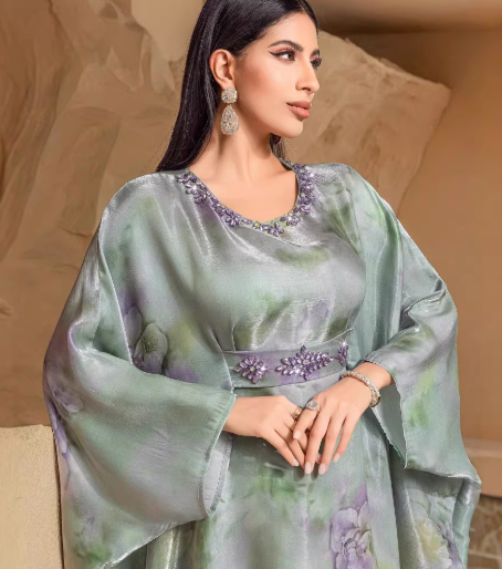 Robe D'Été Élégante Imprimé Fruits Verts Amawinc Manches Chauve-Souris pour Vacances et Fêtes en Plein Soleil