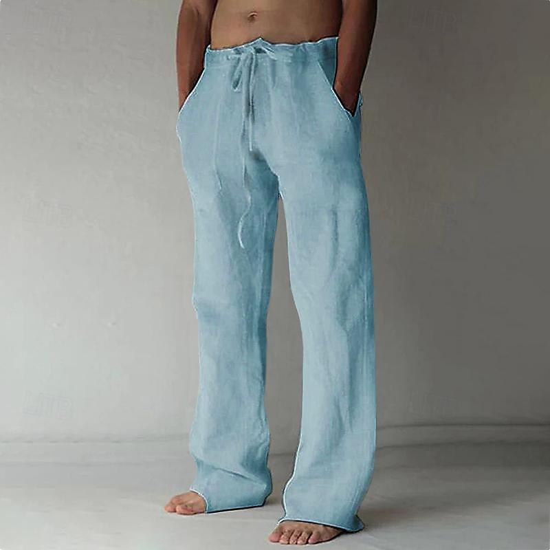 Pantalon Pour Homme En Lin Respirant Léger À Cordon Coupe Ample Décontracté Été Style Décontracté
