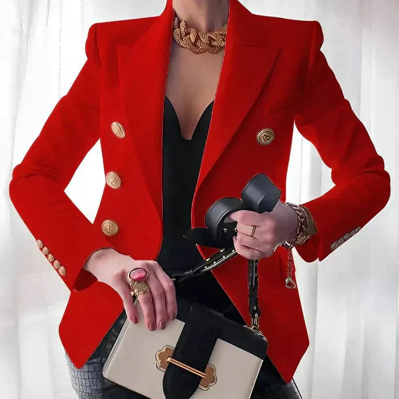 Blazer Femme À Double Rangée De Boutons Dorés Revers À Pointe Coupe Ajustée Pour Le Travail