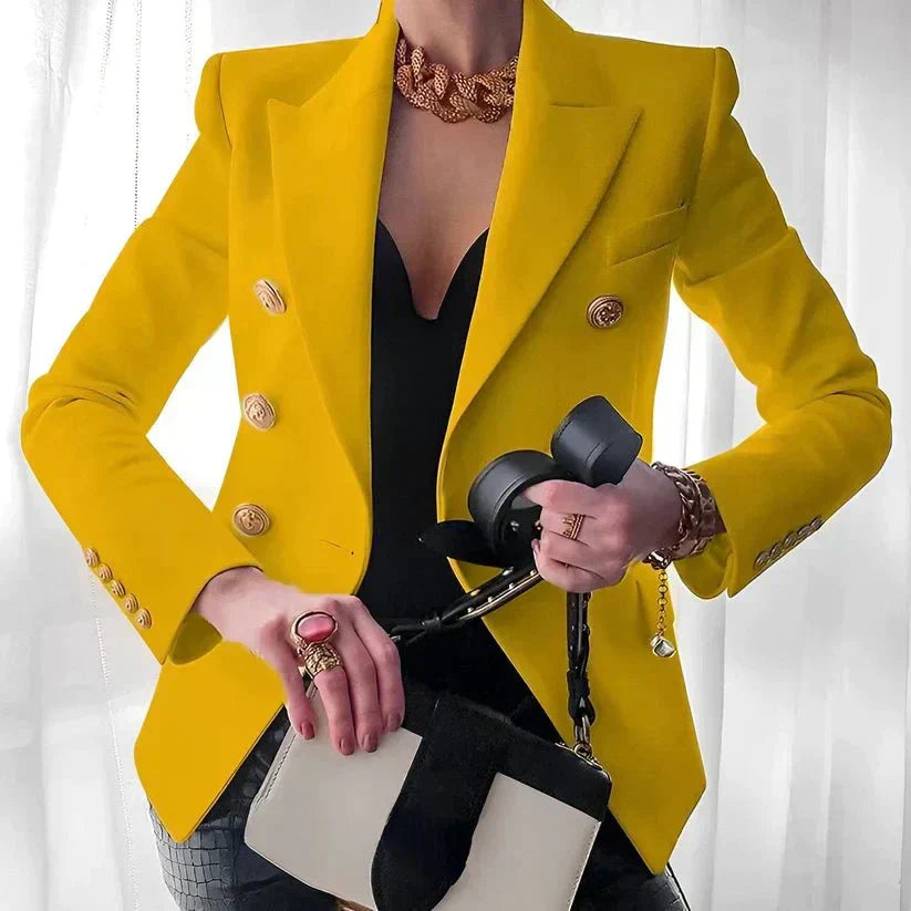 Blazer Femme À Double Rangée De Boutons Dorés Revers À Pointe Coupe Ajustée Pour Le Travail