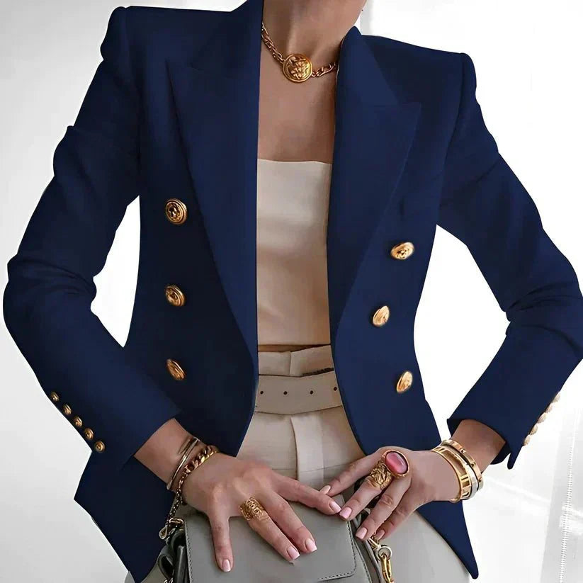 Blazer Femme À Double Rangée De Boutons Dorés Revers À Pointe Coupe Ajustée Pour Le Travail