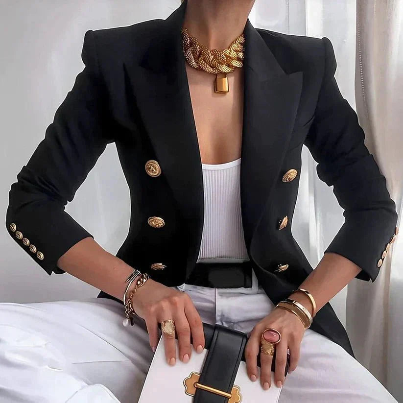 Blazer Femme À Double Rangée De Boutons Dorés Revers À Pointe Coupe Ajustée Pour Le Travail