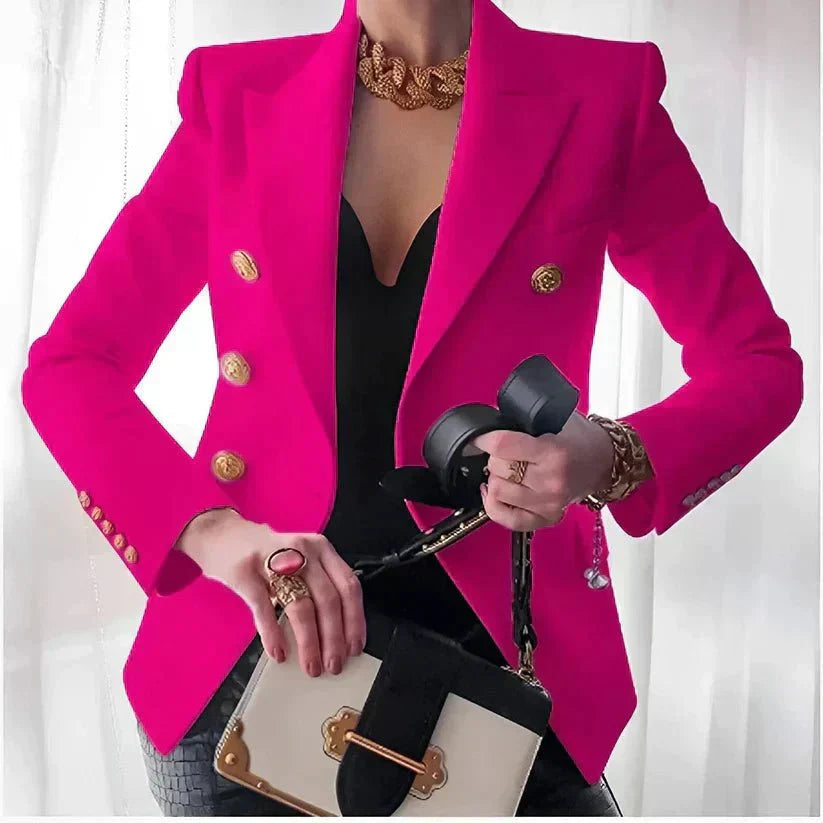 Blazer Femme À Double Rangée De Boutons Dorés Revers À Pointe Coupe Ajustée Pour Le Travail