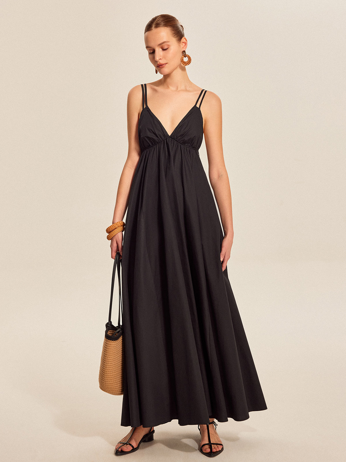 Robe Maxi En Coton À Deux Bretelles Encolure V Camisole Décontractée Pour Été Vacances