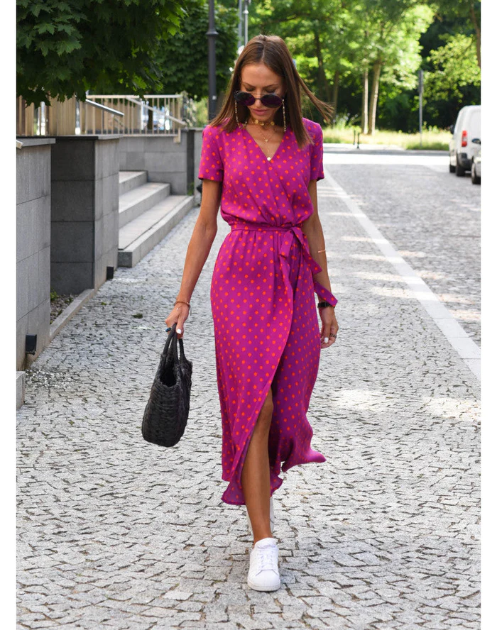 Robe Portefeuille Maxi à Pois Pour Femme Manches Courtes Taille Ajustable Élégante Confortable Pour Printemps Été