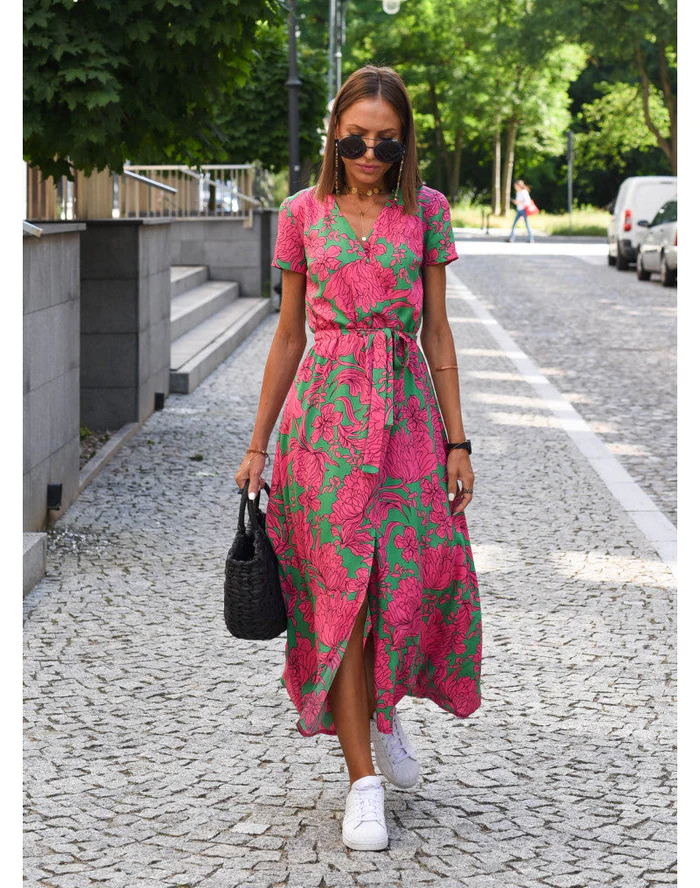 Robe Portefeuille Maxi à Pois Pour Femme Manches Courtes Taille Ajustable Élégante Confortable Pour Printemps Été