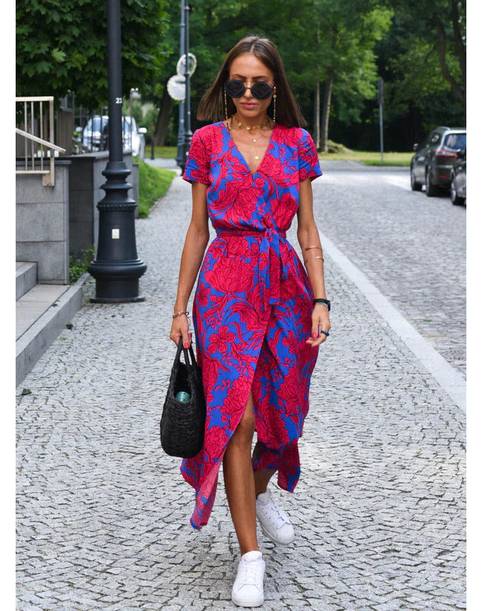 Robe Portefeuille Maxi à Pois Pour Femme Manches Courtes Taille Ajustable Élégante Confortable Pour Printemps Été