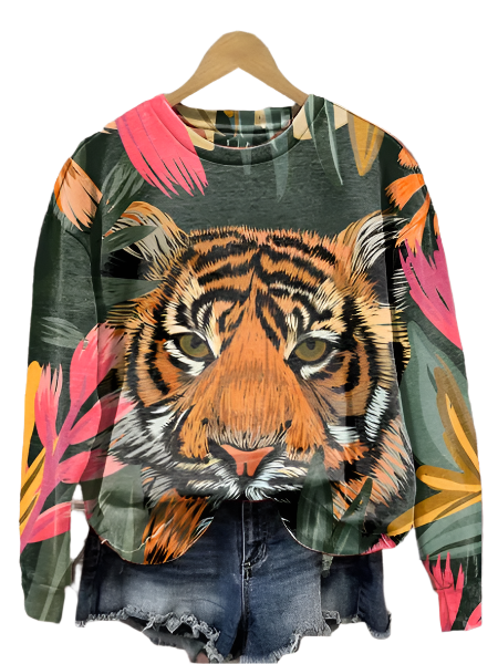 Damen Sweatshirt mit Langarm, Tier- und Blumenmuster von Fudus