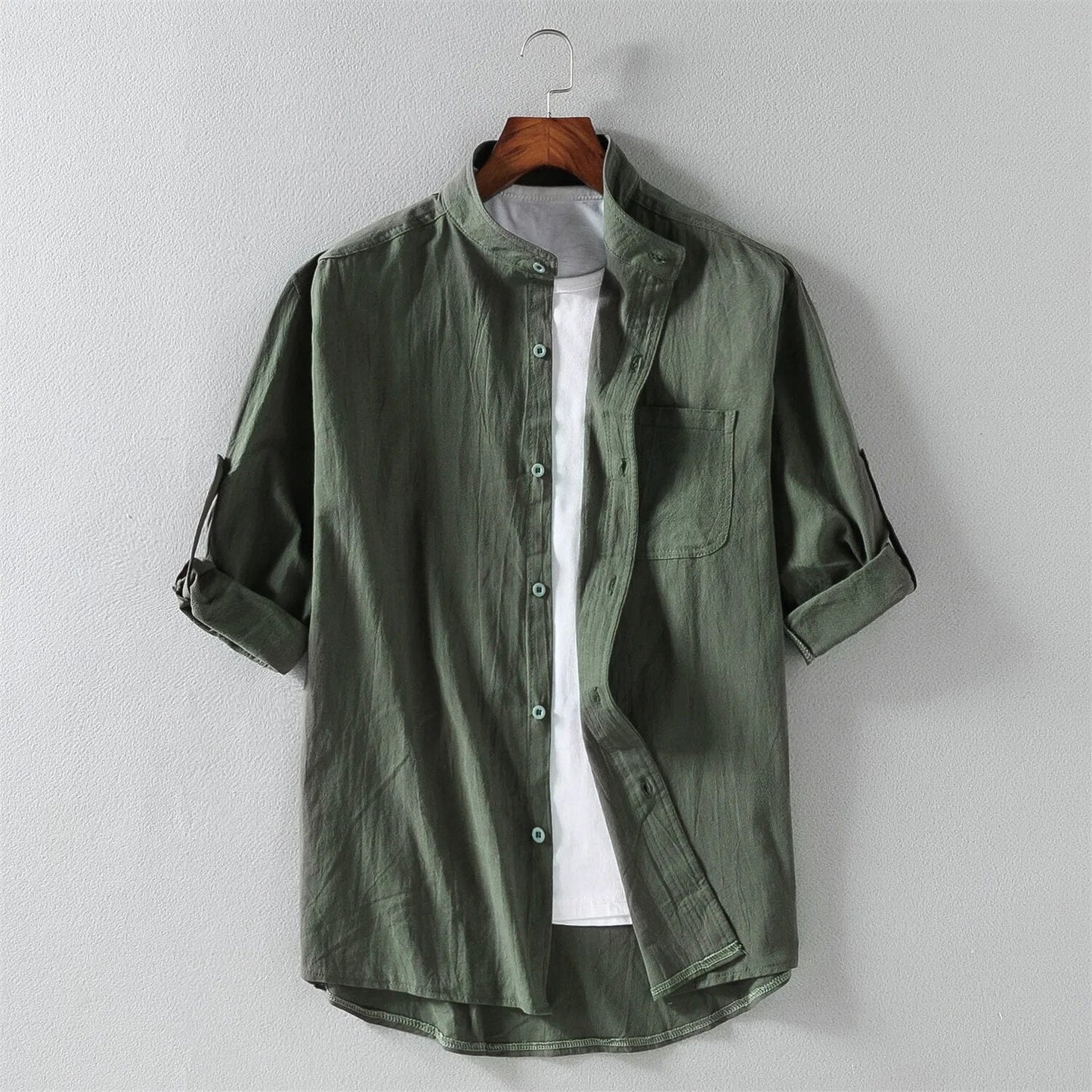 Chemise Homme Amawinc Nordic Flair Légère Col Mandarin Manches Longues Avec Poche Poitrine