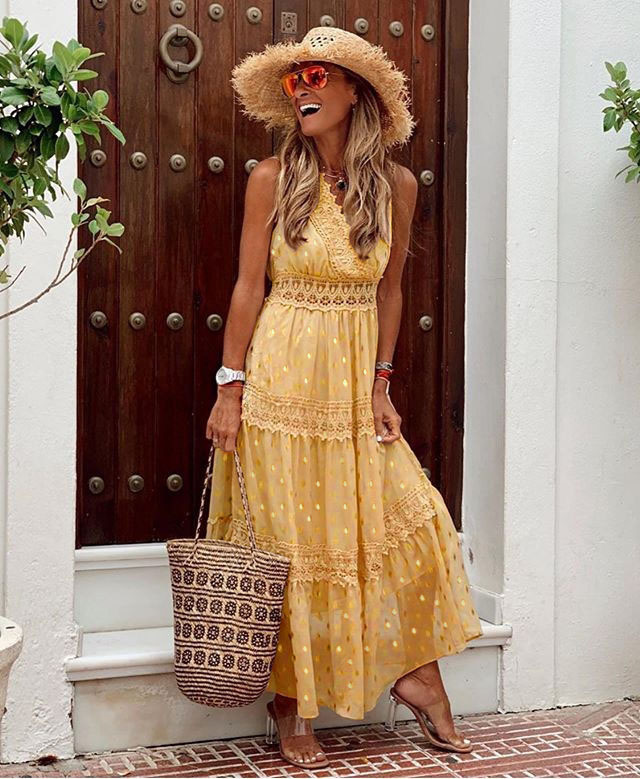 Robe Maxi Femme Dentelle Et Broderie Coupe Fluide Sans Manches Légère Pour Été Chic