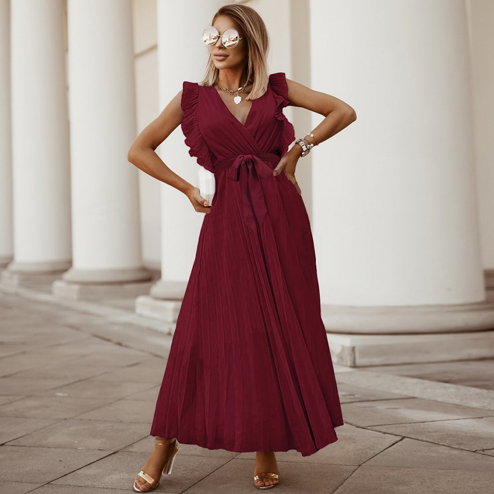 Robe Maxi Amawinc Sans Manches Décolleté En V Avec Épaules Plissées À Volants Longueur À La Cheville Élégante