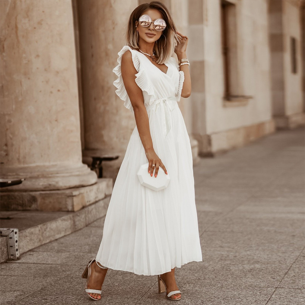 Robe Maxi Amawinc Sans Manches Décolleté En V Avec Épaules Plissées À Volants Longueur À La Cheville Élégante
