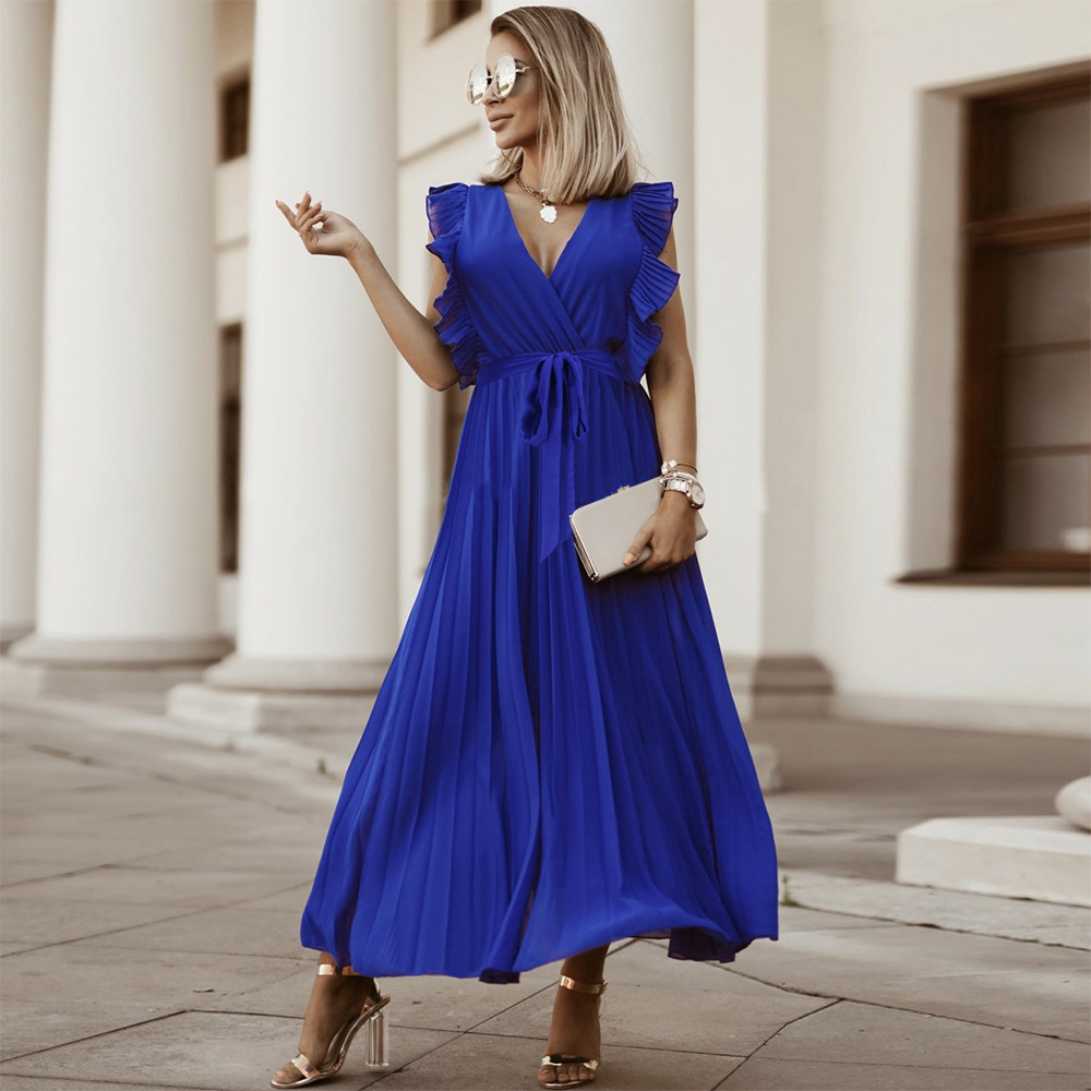 Robe Maxi Amawinc Sans Manches Décolleté En V Avec Épaules Plissées À Volants Longueur À La Cheville Élégante