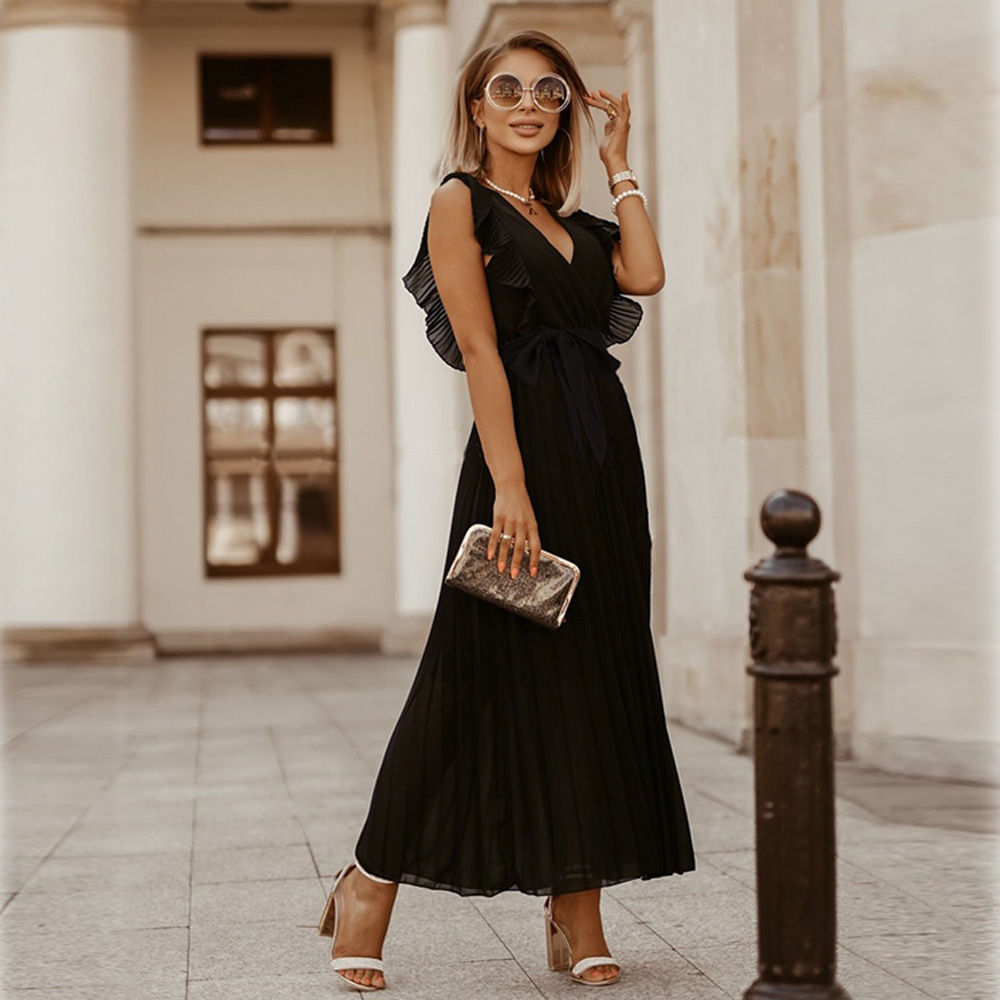 Robe Maxi Amawinc Sans Manches Décolleté En V Avec Épaules Plissées À Volants Longueur À La Cheville Élégante