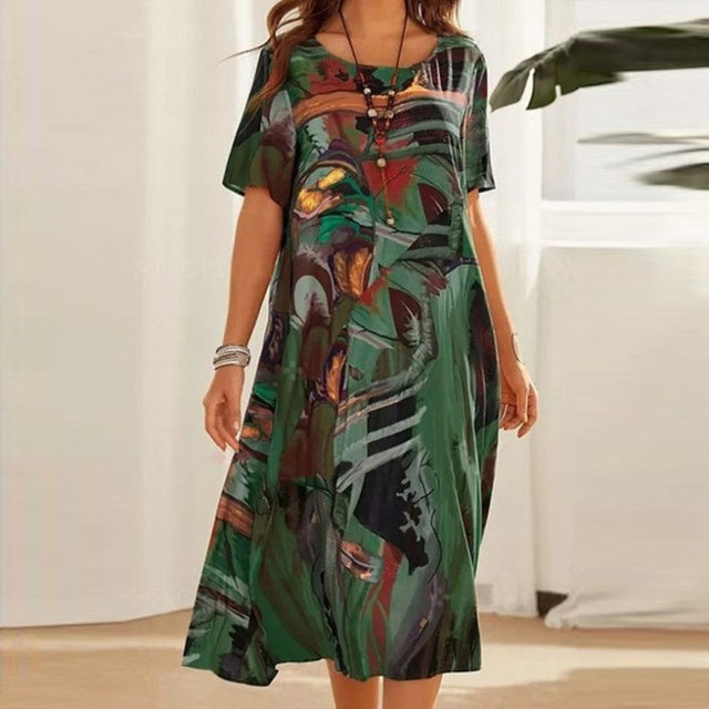 Robe Midi Décontractée Pour Femme Avec Motif Abstrait Manche Courte En Coton Mélangé Amawinc Collection Printanière