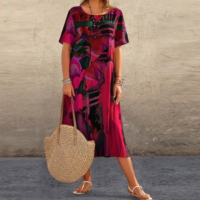 Robe Midi Décontractée Pour Femme Avec Motif Abstrait Manche Courte En Coton Mélangé Amawinc Collection Printanière