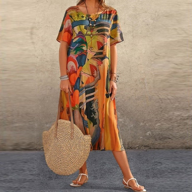 Robe Midi Décontractée Pour Femme Avec Motif Abstrait Manche Courte En Coton Mélangé Amawinc Collection Printanière
