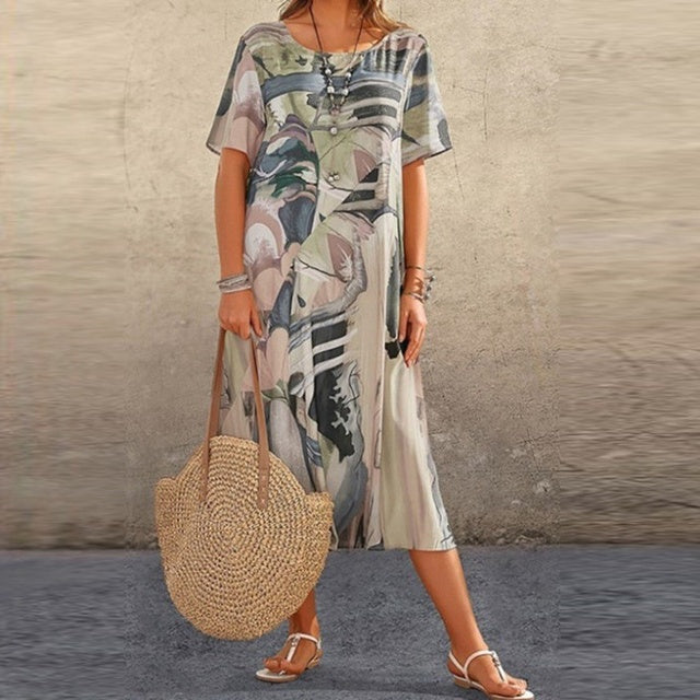 Robe Midi Décontractée Pour Femme Avec Motif Abstrait Manche Courte En Coton Mélangé Amawinc Collection Printanière