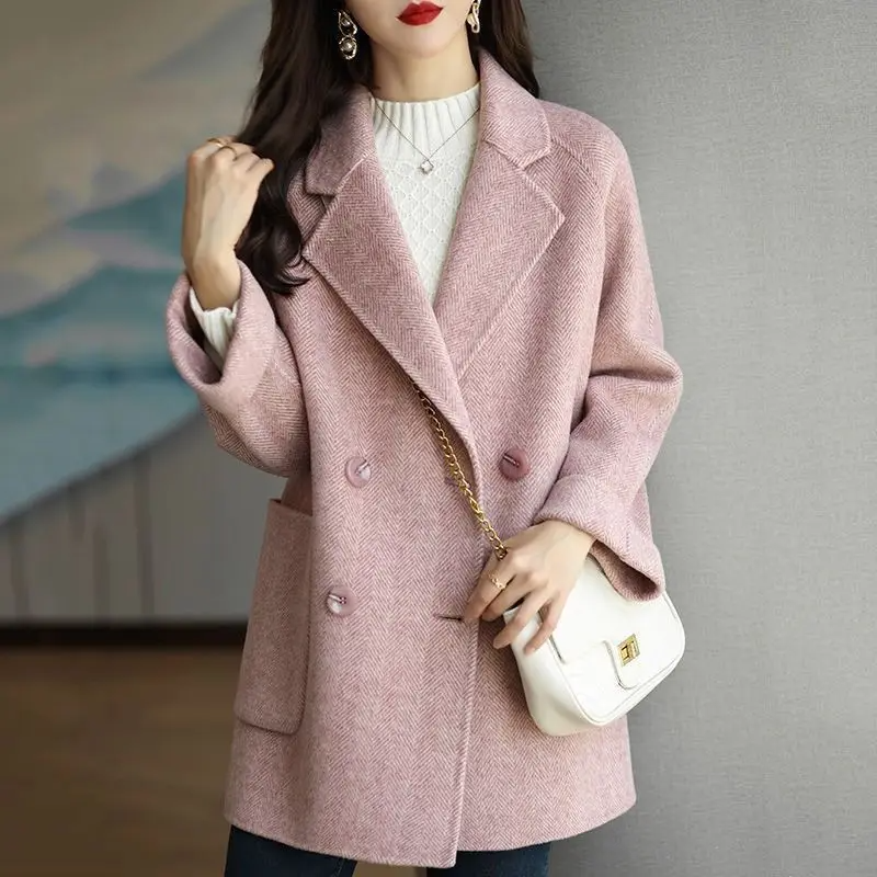 Trench Femme Slim Fit Texture Laine Mélange Double Boutonnage Revers Tailleur Pour Professionnelles