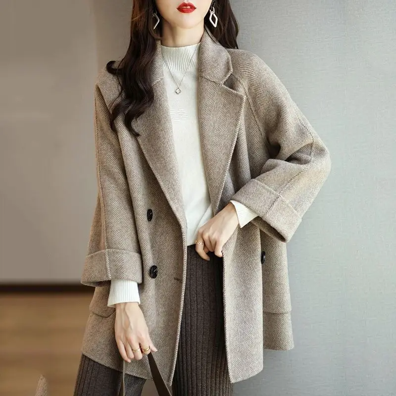 Trench Femme Slim Fit Texture Laine Mélange Double Boutonnage Revers Tailleur Pour Professionnelles