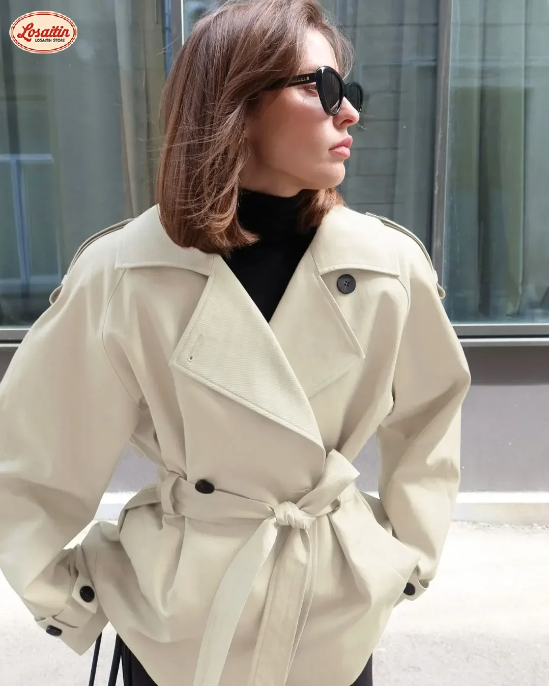 Trench Court Femme En Mélange De Coton Nordisk Flair Ceinture À La Taille Simple Boutonnage Épaulettes