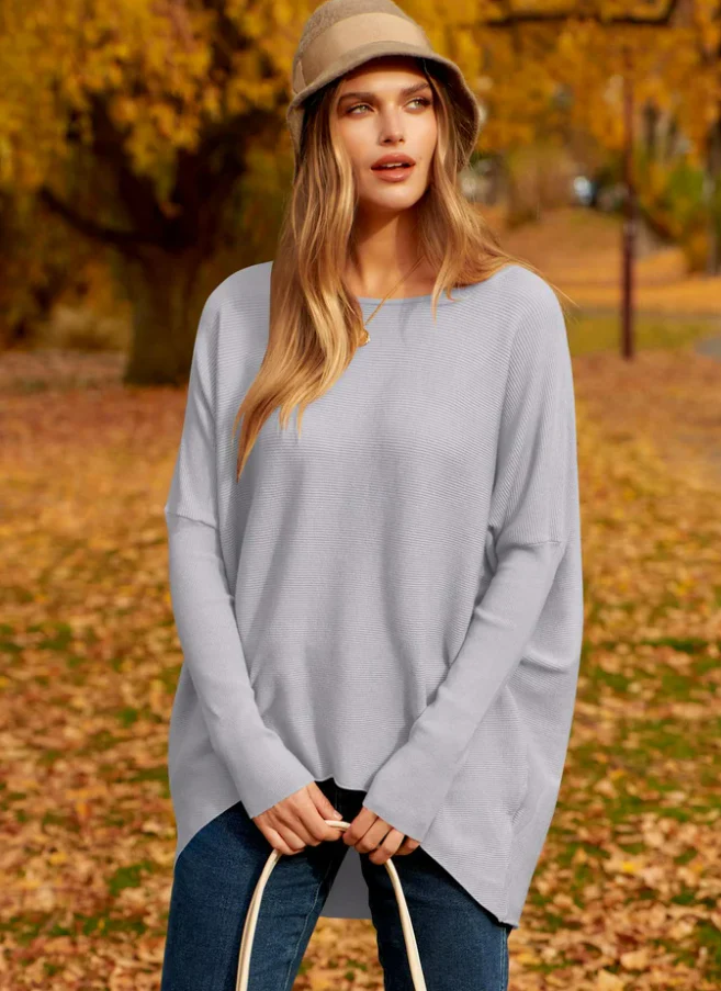 Pull Femme Oversize en Maille Douce Mélange Laine Manches Longues Longueur au Niveau des Hanches