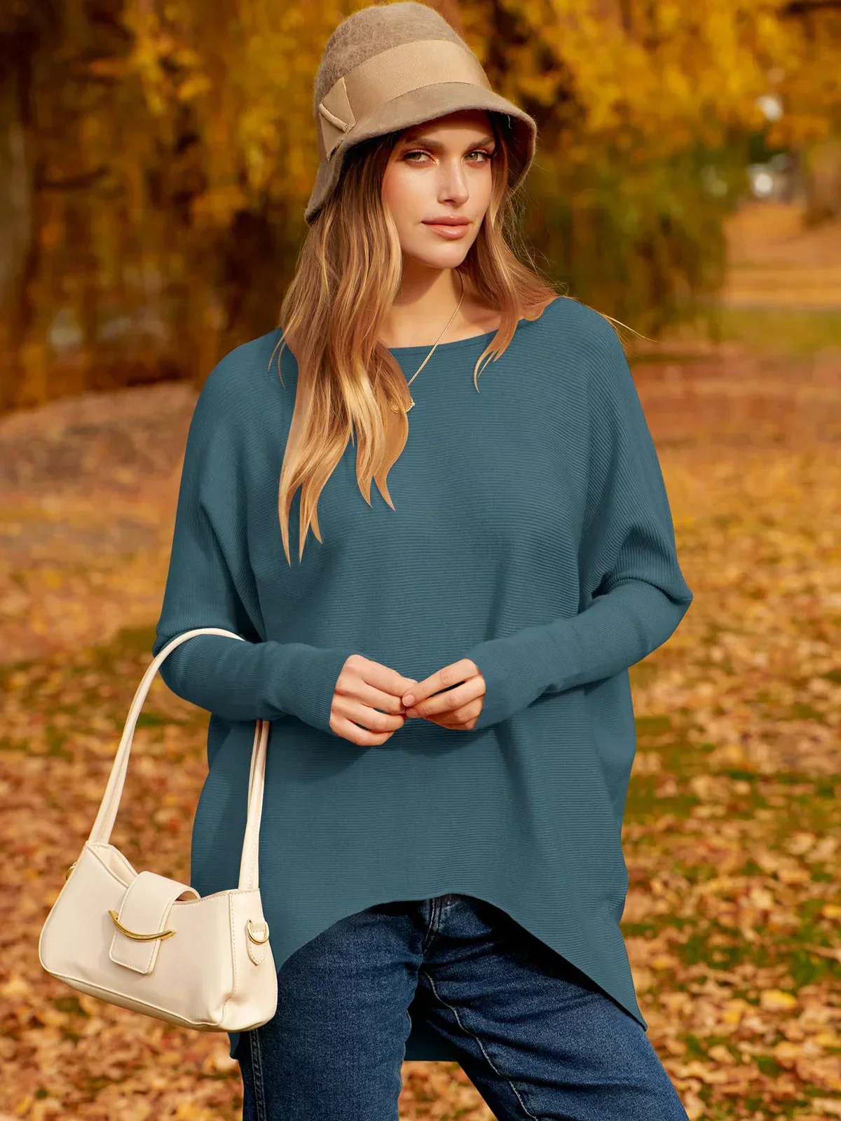 Pull Femme Oversize en Maille Douce Mélange Laine Manches Longues Longueur au Niveau des Hanches
