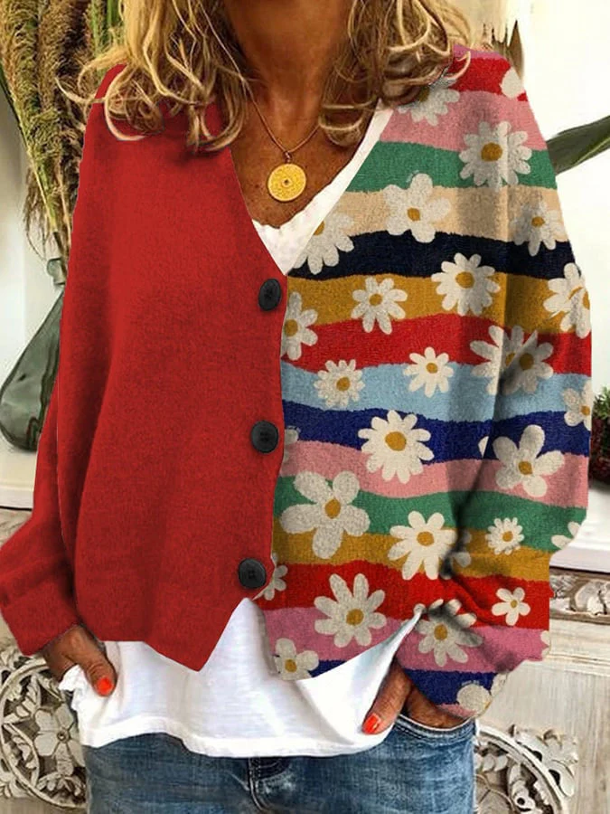 Cardigan Femme Maille Décontractée Patchwork Fleuri Détail Bouton Devant Printemps Automne