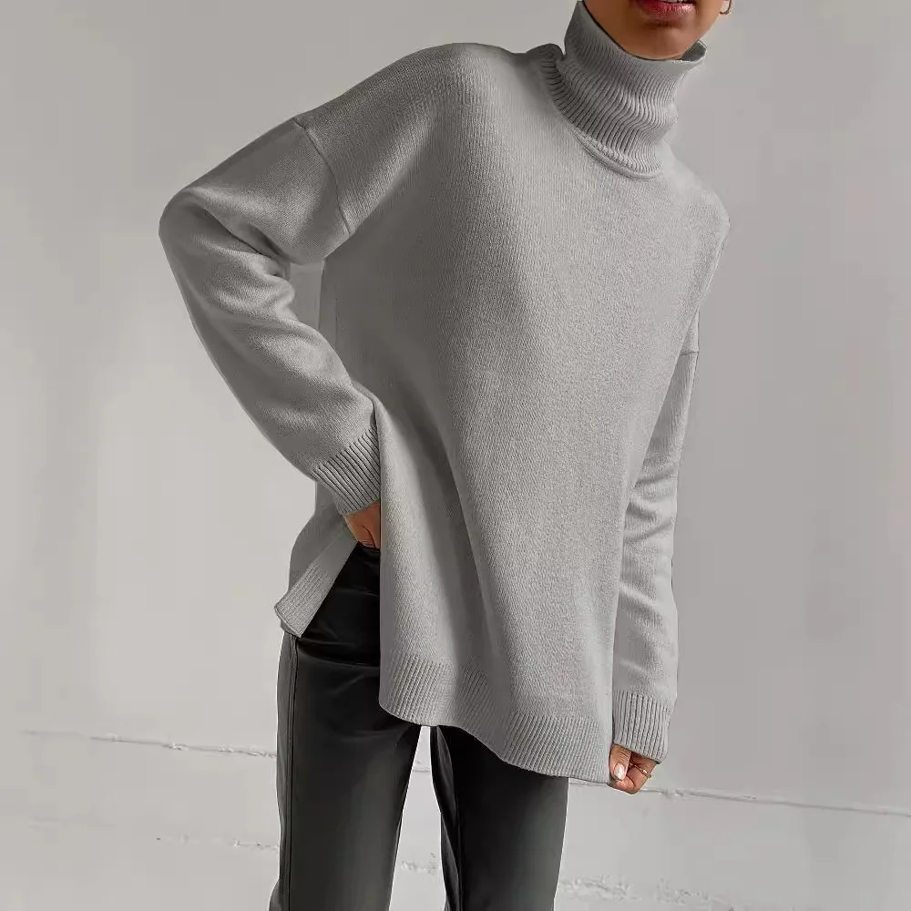 Pull Femme En Maille Fine Col Roulé Oversize Coupe Décontractée Longueur Tunique Poignets Côtes