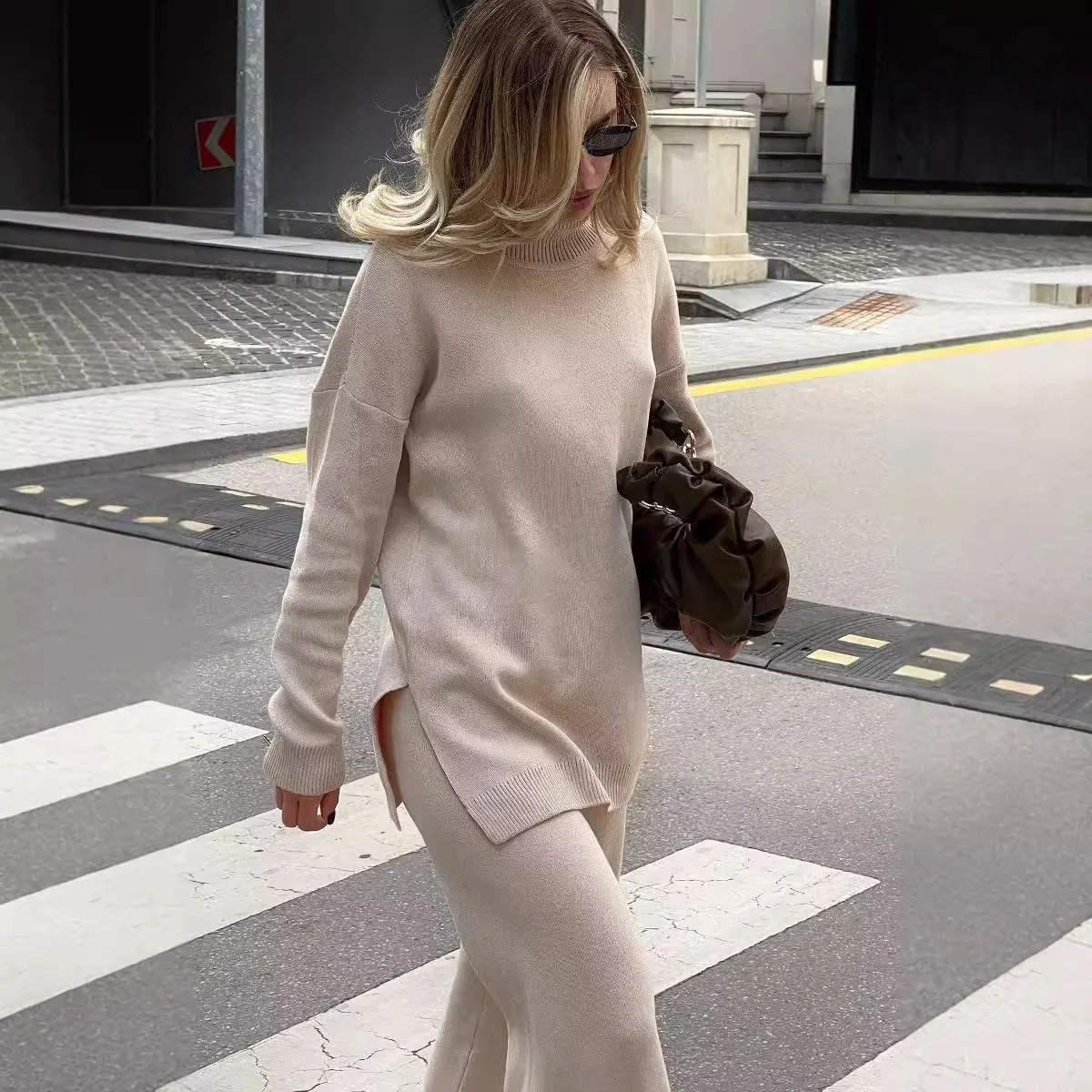 Pull Femme En Maille Fine Col Roulé Oversize Coupe Décontractée Longueur Tunique Poignets Côtes