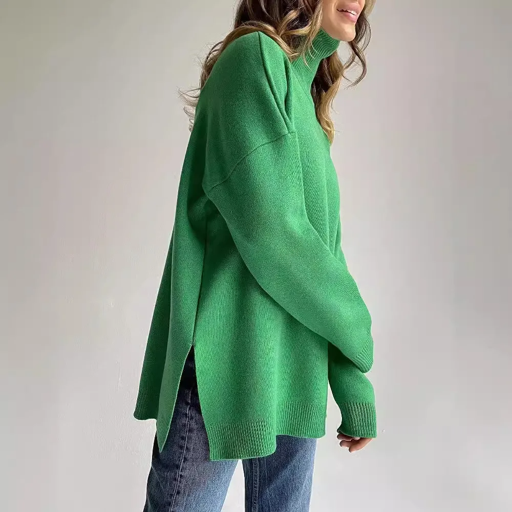 Pull Femme En Maille Fine Col Roulé Oversize Coupe Décontractée Longueur Tunique Poignets Côtes