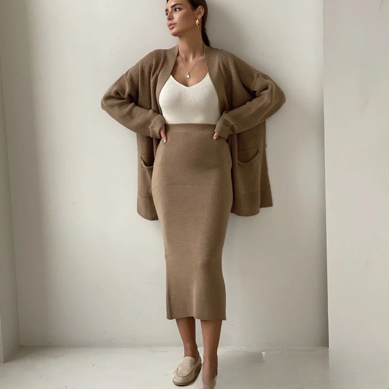 Ensemble Deux Pièces En Maille Pour Femmes Cardigan Oversized Et Jupe Midi Taille Haute