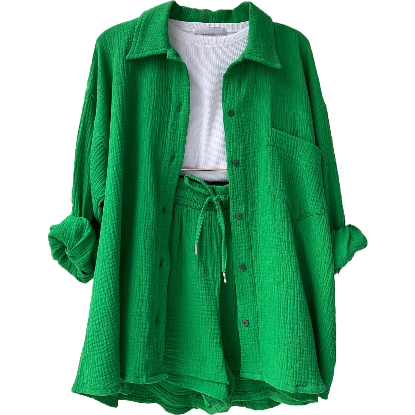 Ensemble Femme Coton Léger Avec Chemise À Boutons Et Short À Taille Elastique Confort Quotidien Été Décontracté