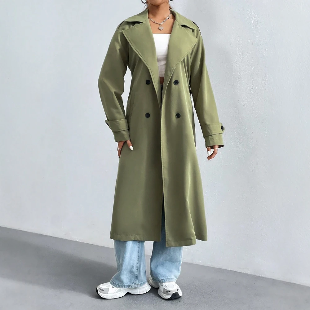 Trench Femme Double Boutonnage Coupe Standard Mélange Coton Longueur Totale Col en Revers