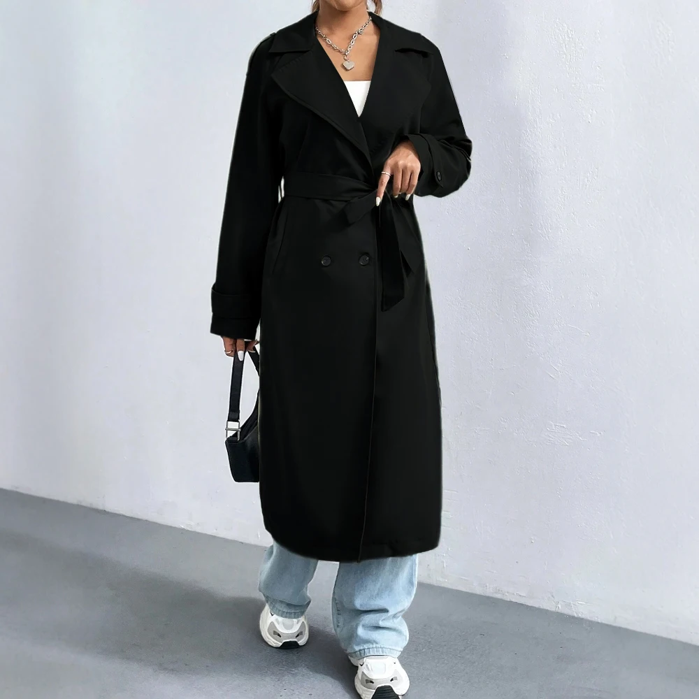Trench Femme Double Boutonnage Coupe Standard Mélange Coton Longueur Totale Col en Revers