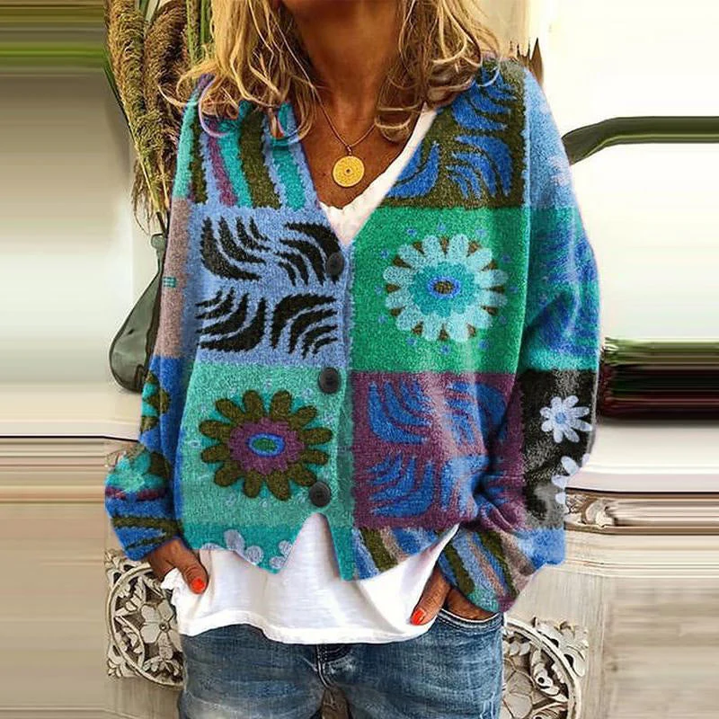 Cardigan Femme Maille Décontractée Patchwork Fleuri Détail Bouton Devant Printemps Automne