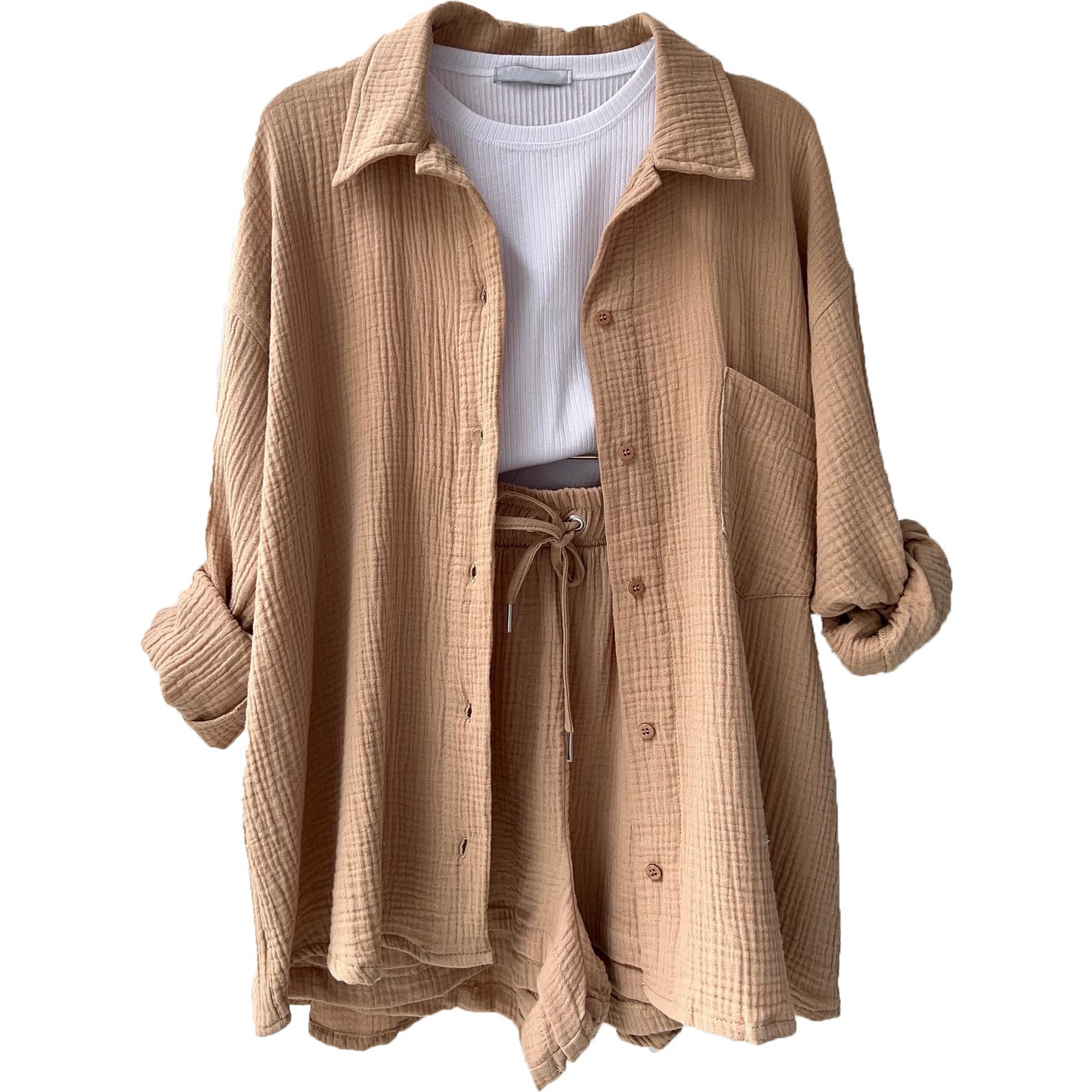 Ensemble Femme Coton Léger Avec Chemise À Boutons Et Short À Taille Elastique Confort Quotidien Été Décontracté